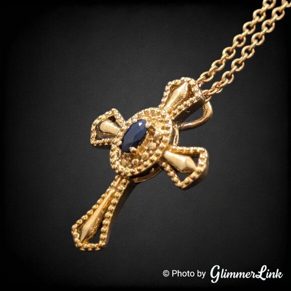 STS Karis Dark Blue Sapphire Religious Cross Gold Plated Pendant Necklace - Picture 7 of 13